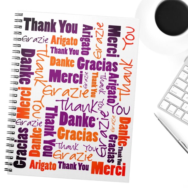 Cuaderno Colorido Multilingue Gracias Diario Gratitude (multilingual word cloud notebook cover)