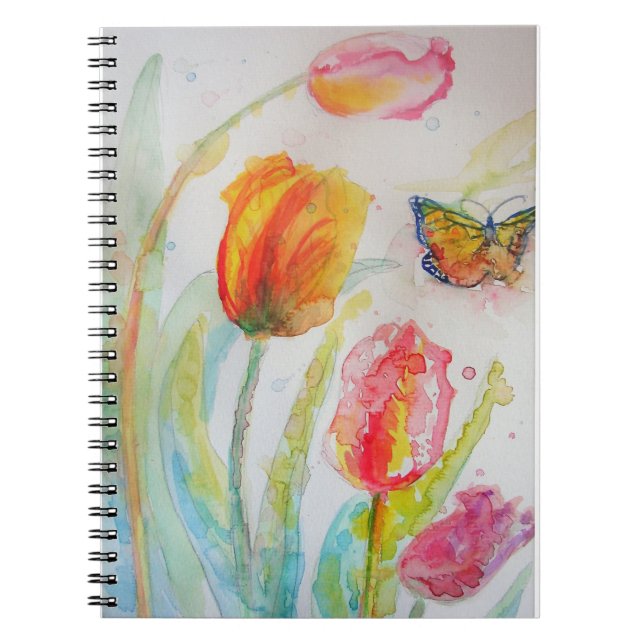 Cuaderno Colorido Tulipán y mariposa acuarela floral (Frente)