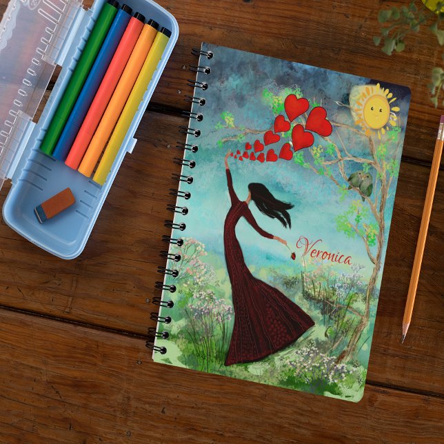 Cuaderno Colorido y caprichoso (Whimsical Notebook with woman releasing hearts into the air for Valentine's day)