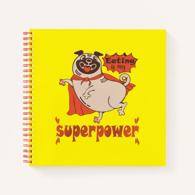 Cuaderno Comer es mi sobrenombre rojo cloak pug estilo cómi (Anverso)