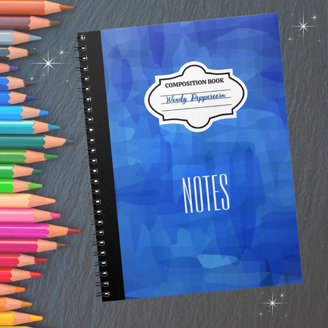 Cuaderno Composición personalizada con patrones azules de e (Personalize with your name and subject.  Available in multiple colors. )
