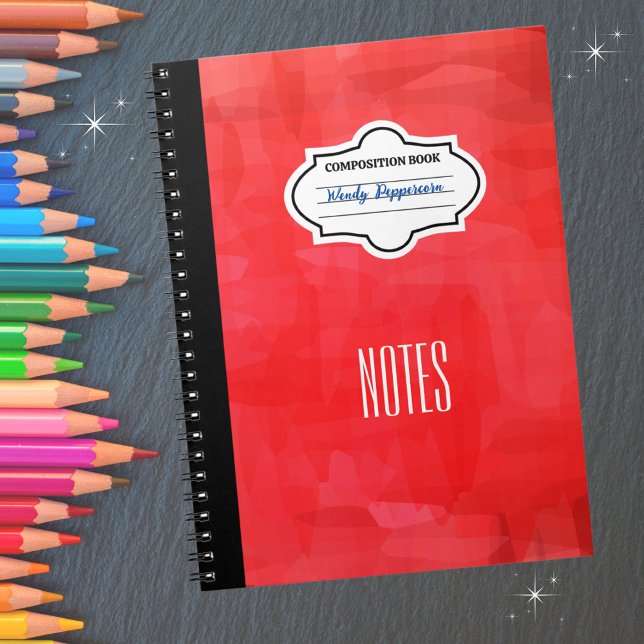 Cuaderno Composición personalizada con patrones rojos (Personalize with your name and subject.  Available in multiple colors. )