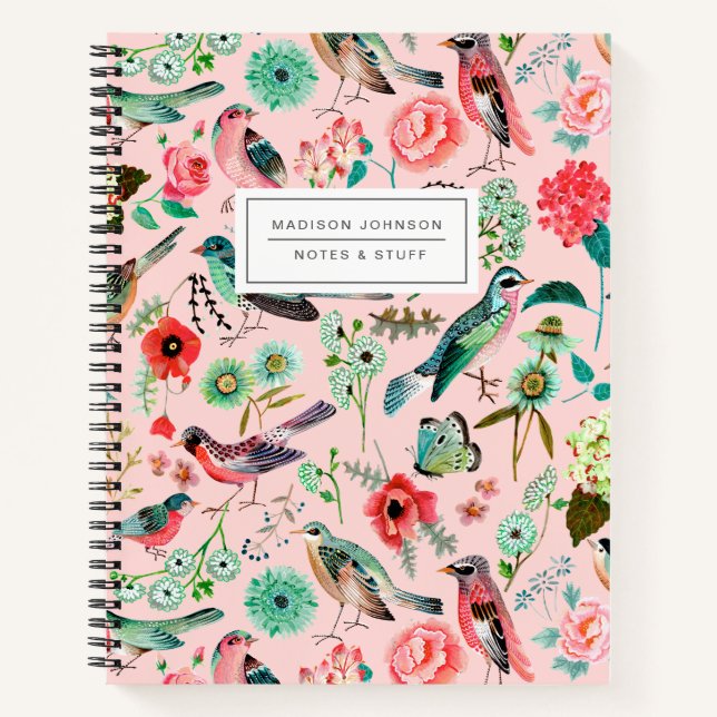 Cuaderno con estampado total de pájaros y flores r (Anverso)