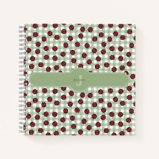 Cuaderno con nombre de mariquita de gingham verde (Anverso)