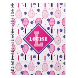 Cuaderno Con nombre e inicial, raquetas de tenis rosas y vi