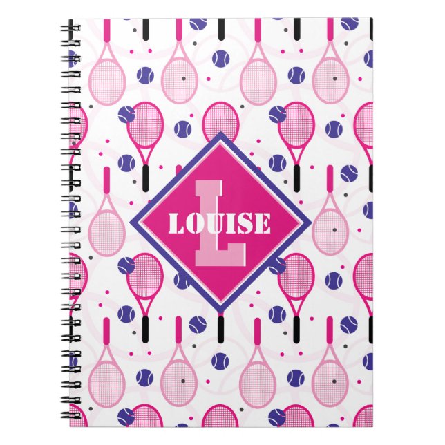 Cuaderno Con nombre e inicial, raquetas de tenis rosas y vi (Frente)
