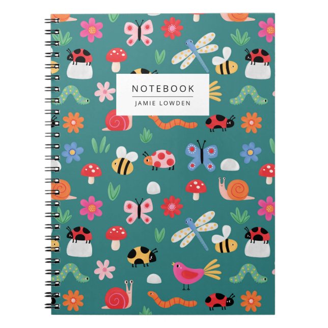 Cuaderno con patrón de insectos lindos en azul tur (Frente)