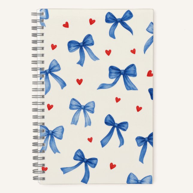 Cuaderno con patrón de lazo azul y corazón rojo (Anverso)