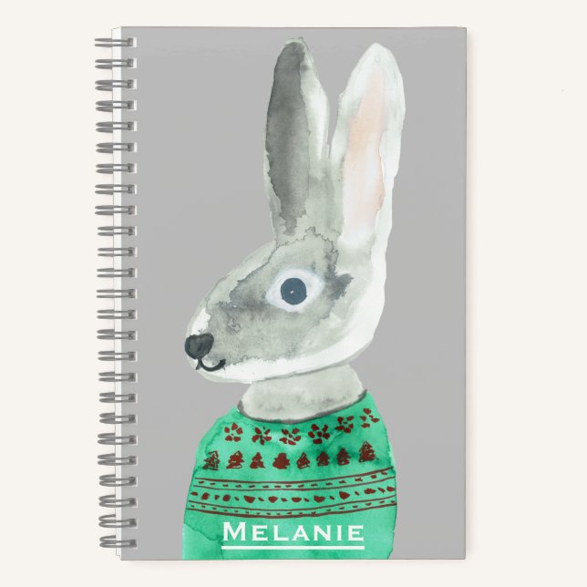 Cuaderno Conejo acuarela en gris dulce personalizado (Anverso)