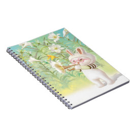 Cuaderno Conejo bebé trompetista con pájaro en jardín de li