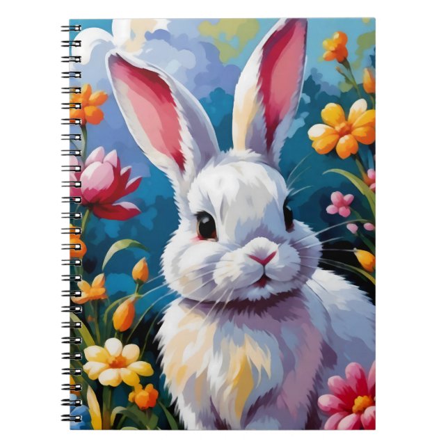 Cuaderno Conejo blanco adorable rodeado de flores vibrantes (Frente)