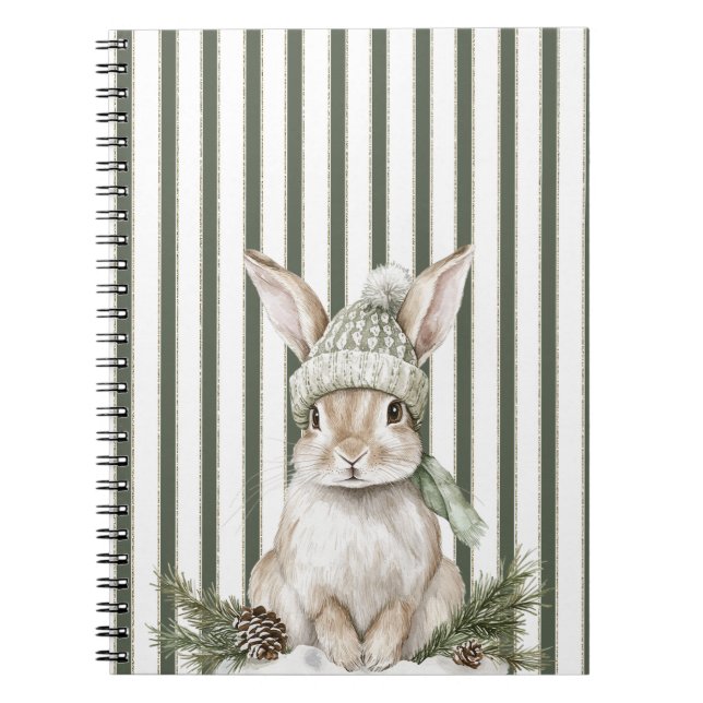 Cuaderno Conejo de Navidad con rayas de crema en verde oliv (Frente)