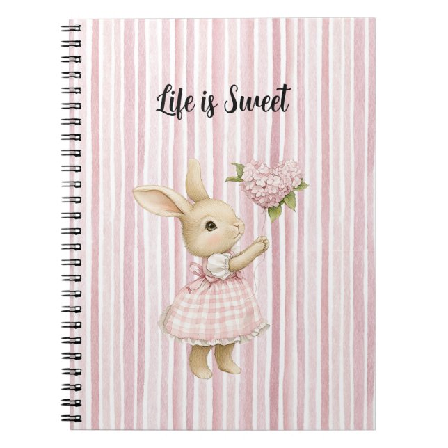 Cuaderno Conejo Rubor Rosado Corazón Flores Globo Rayas (Frente)