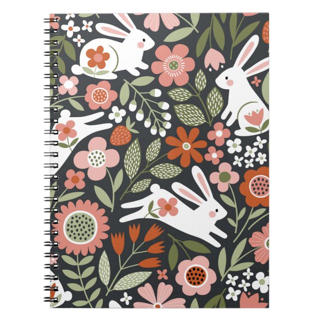 Cuaderno Conejos blancos, patrón de cosecha floral. (Frente)