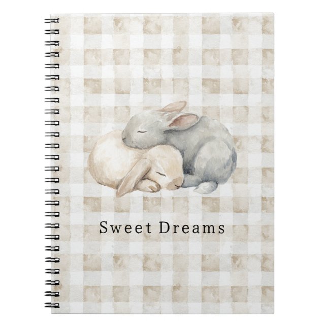 Cuaderno Conejos dormidos a cuadros grises crema lindos (Frente)