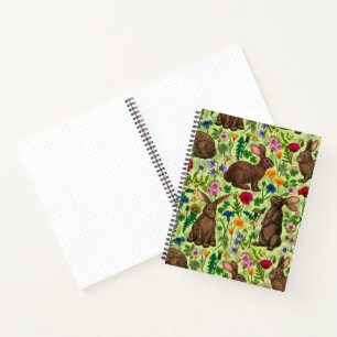 Cuaderno Conejos y flores silvestres en verde miel