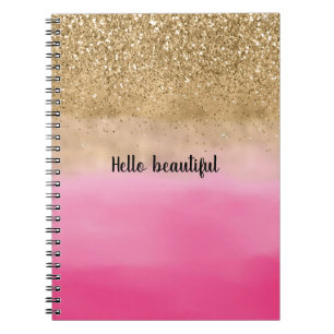 Cuaderno Confeti de purpurina dorada de acuarela rosa femen