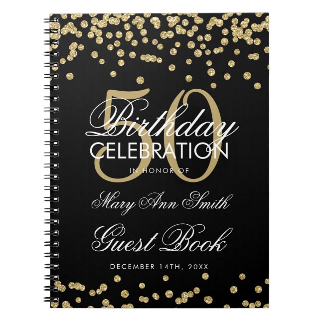 Cuaderno Confetti de libros de invitados de cumpleaños Gold (Frente)