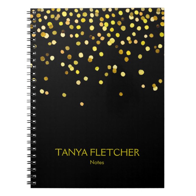 Cuaderno Confetti de oro y negro personalizado (Frente)