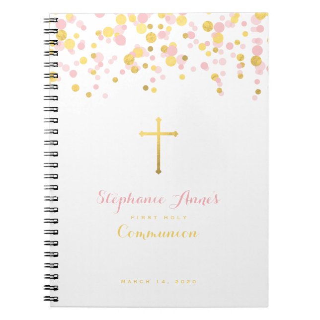 Cuaderno Confetti de oro y rosado de la comunión (Frente)