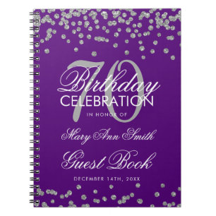 Cuaderno Confetti del libro de invitados de 70 años púrpu