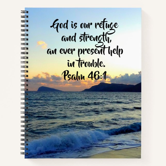 Cuaderno Confortable Sunset Beach Psalm 46:1 Biblia Verse (Anverso)