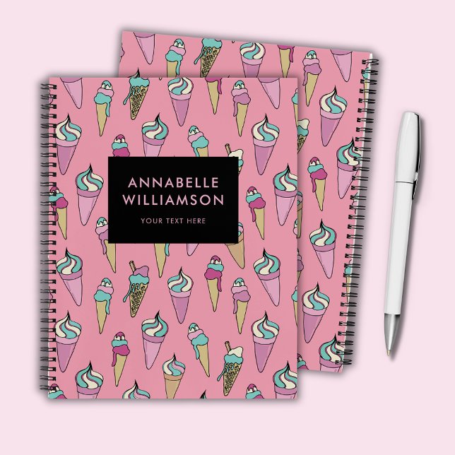 Cuaderno Cono de crema de hielo rosa personalizado (Cute girly pink ice cream personalized spiral notebook)