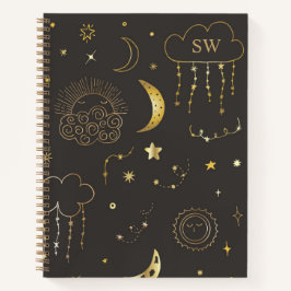Cuaderno Constelación de Luna y Estrellas Monograma Negro y