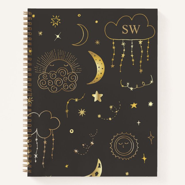 Cuaderno Constelación de Luna y Estrellas Monograma Negro y (Anverso)