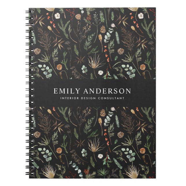 Cuaderno contemporáneo negro moderno botánico elegante (Frente)