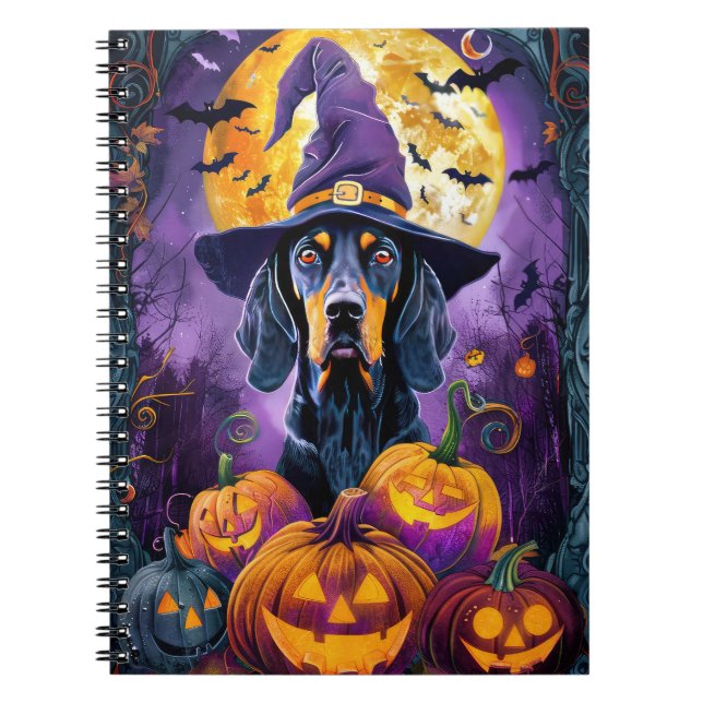 Cuaderno Coonhound Bluetick espeluznante Bruja de Halloween (Frente)
