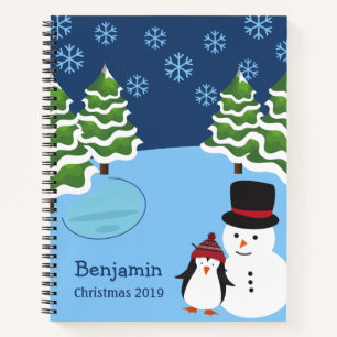 Cuaderno Copo de Nieve de Navidad con Pingüino y Nombre