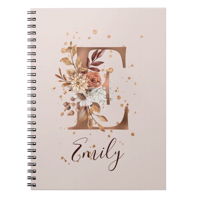 Cuaderno Copper Autumn Floral Letter E Fall Flowers (Frente)