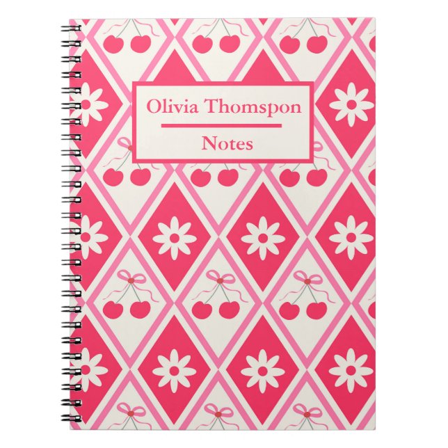 Cuaderno Coquette Cherries with bows on red diamonds custom (Frente)