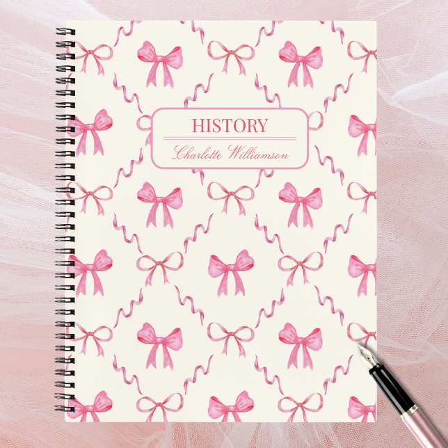 Cuaderno Coquette Pink Bow (cute pink bow coquette notebook with customizable name and subject, back to school essentials)