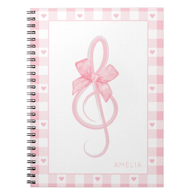 Cuaderno Coquette Pink Treble Clef Bow Gingham Pattern (Frente)
