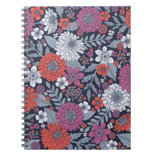 Cuaderno Coral, magenta y azul de zinnias florales