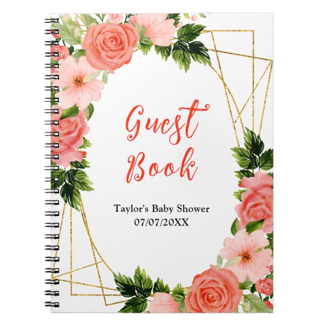 Cuaderno Coral Pink Red Roses Floral Baby Shower Guest Book (Frente)