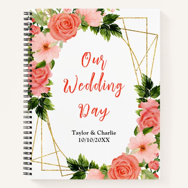 Cuaderno Coral Pink Red Roses Floral Wedding Planner (Anverso)
