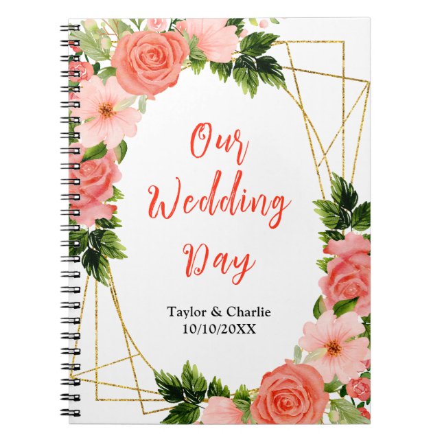 Cuaderno Coral Pink Red Roses Floral Wedding Planner (Frente)
