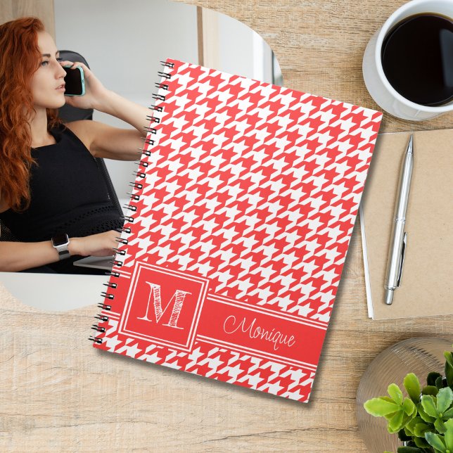 Cuaderno Coral Red White Houndstoth | Monograma moderno (Subido por el creador)