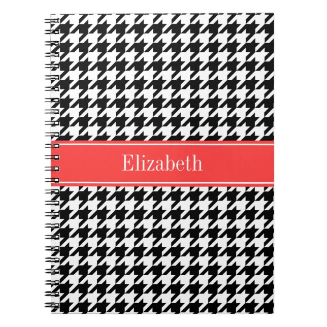 Cuaderno Coral Rojo Monograma Nombre Cuadros Negros Blancos (Frente)