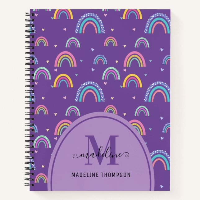 Cuaderno Corazón Arcoíris Púrpura Femenino Monograma Boho (Anverso)