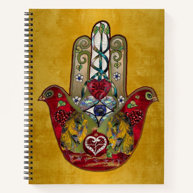 Cuaderno Corazón de Granada Rojo de Pájaro Hamsa Rubí (Anverso)