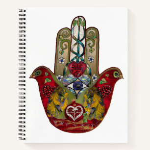 Cuaderno Corazón de Granada Rojo de Pájaro Hamsa Rubí