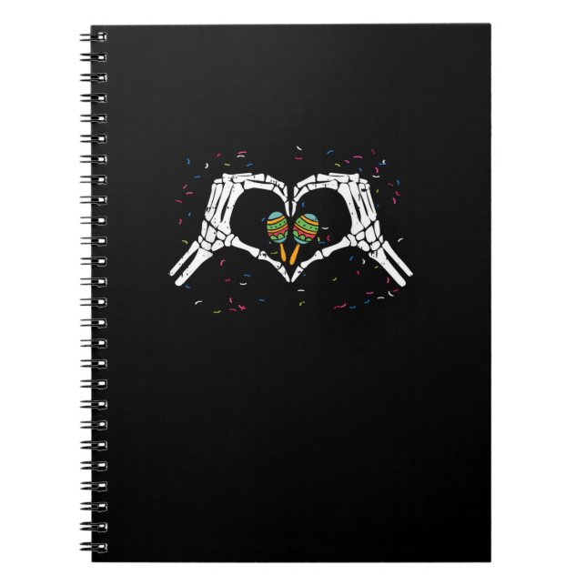 Cuaderno Corazón de la mano de esqueleto Maracas Cinco De M (Frente)