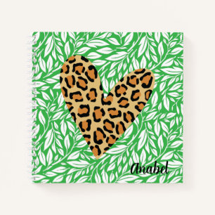 Cuaderno Corazón de leopardo con hojas verdes personalizada
