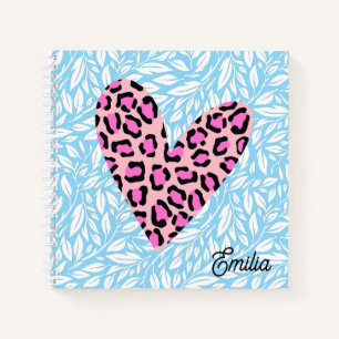 Cuaderno Corazón de leopardo rosa personalizado hojas azule