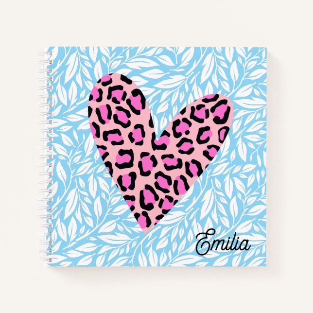 Cuaderno Corazón de leopardo rosa personalizado hojas azule (Anverso)