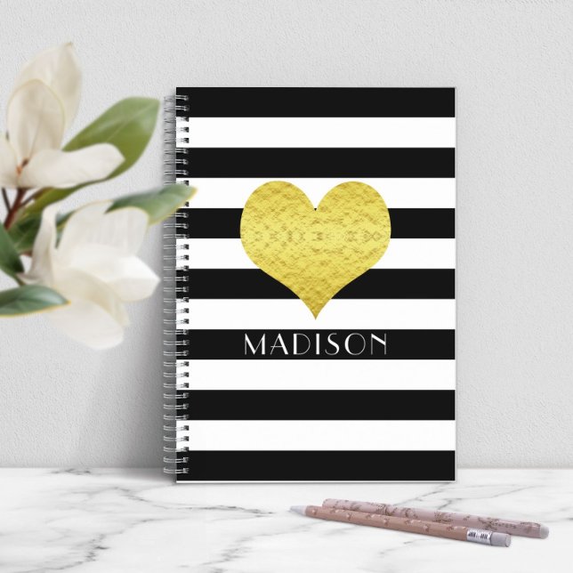 Cuaderno Corazón De Oro Blanco Y Negro Moderno (Modern Black And White Gold Heart Notebook)